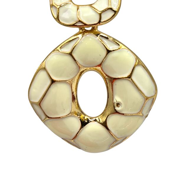 Pierced Earrings Crackled Cream Enamel Gold Tone Finish Geometric Drop SKU 2861 - Picture 2 of 6